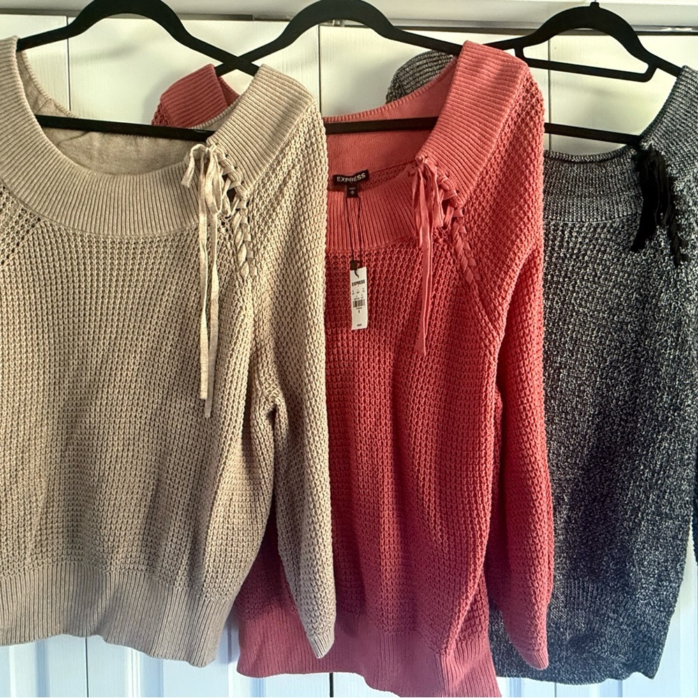 Express Tan, Salmon/Coral, Salt n Pepper black. Scoop-Neck Sweaters - set of 3!